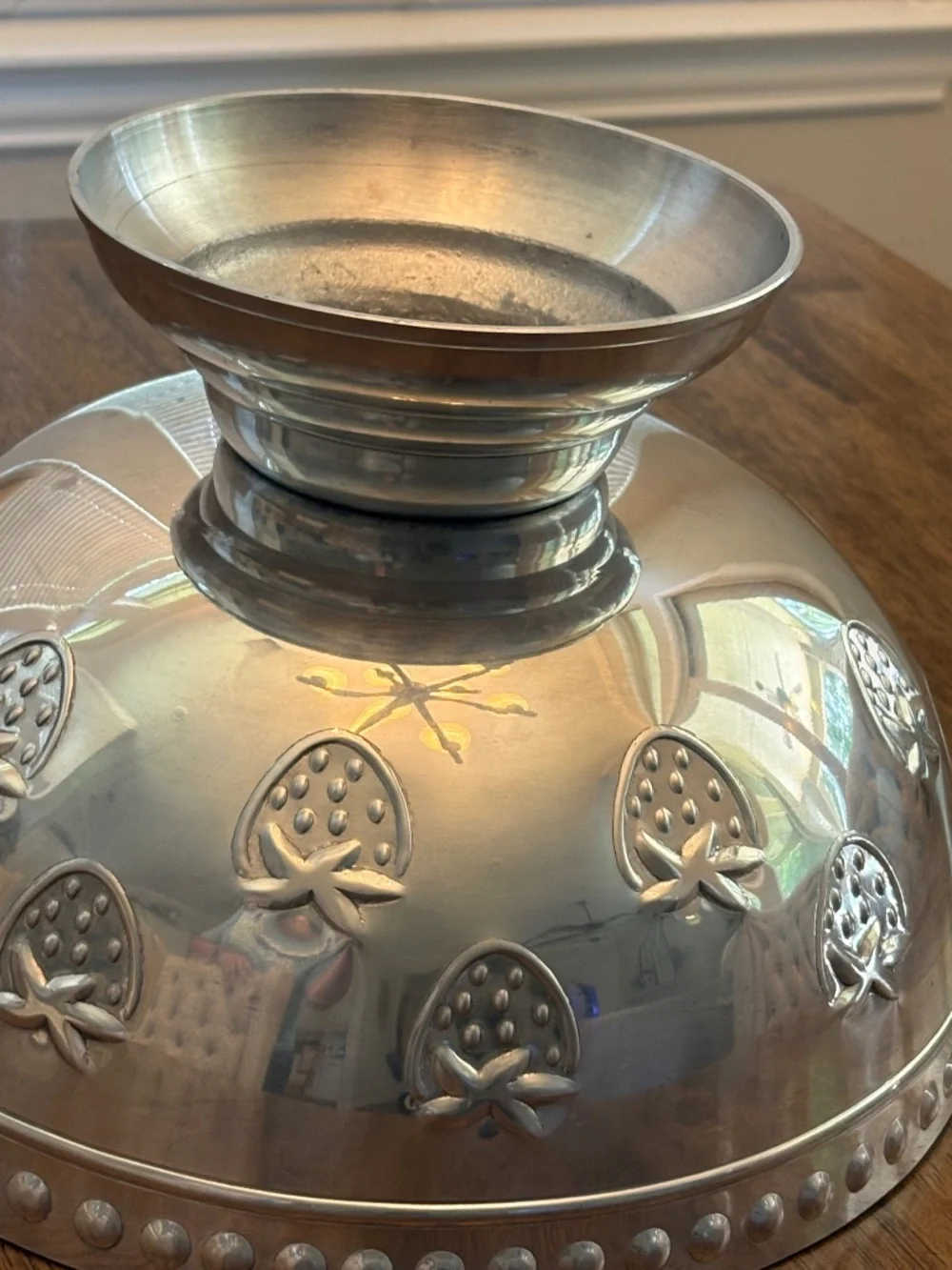 Vintage Large Deep Aluminum Textured Strawberry Fruit Salad Serving Bowl